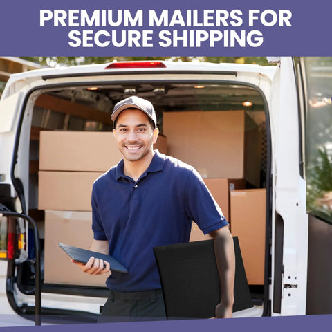 Man holding Black Poly Bubble Mailers 14.50x20 Inch Self Seal Large Padded Envelopes in front of van with boxes