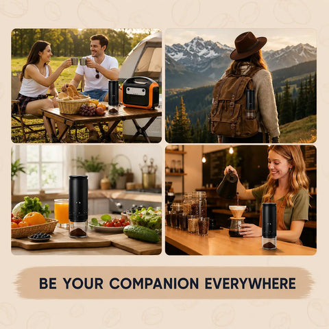 Chill Cordless Coffee Grinder With 38 Adjustable Settings used in various settings, showcasing portability for camping, home, and travel.