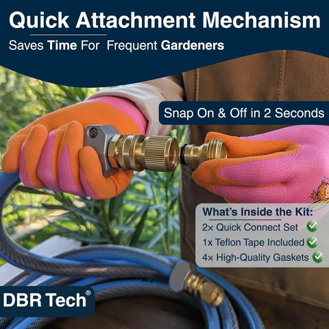 Hands connecting heavy duty brass garden hose quick connect fittings set with leak proof seal three quarter inch connectors
