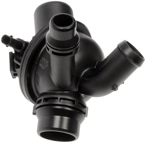 Heavy Duty Engine Coolant Thermostat Housing Assembly No Sweat Direct Swap For Your Road Rig, black plastic design with connectors.