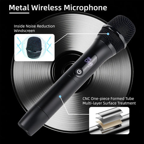 Wireless Karaoke Microphone System For Singing, Crazy Long Range 500ft 150m, showing metal mic and noise reduction features.