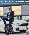 Man in suit leaning on car with Rustproof License Plate Screws Set For US Domestic Vehicles With Stainless Steel Black Slotted Bolts
