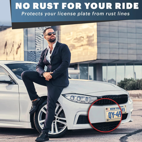 Man in suit leaning on car with Rustproof License Plate Screws Set For US Domestic Vehicles With Stainless Steel Black Slotted Bolts