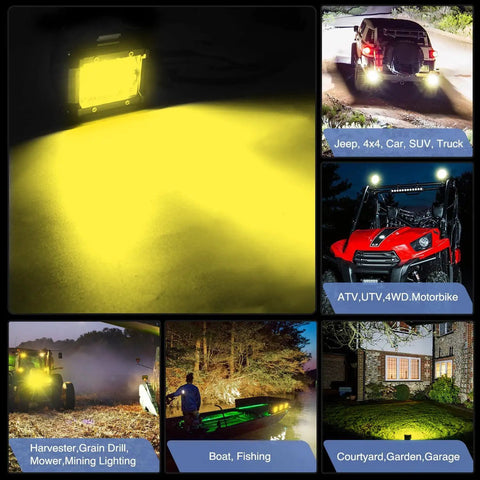 4 Inch Yellow LED Pods Dual Pack 60W Flood And Spot Combo Driving Fog Lights illuminating various offroad and outdoor settings