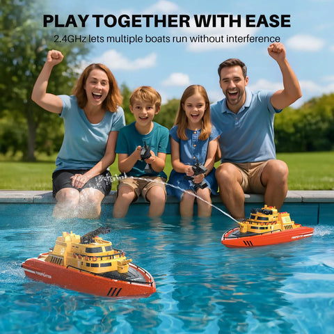 Family playing with Awesome Remote Control Fireboat RC Boat For Kids 8 To 12 With 40 Minutes Run Time Two Batteries pool toy.