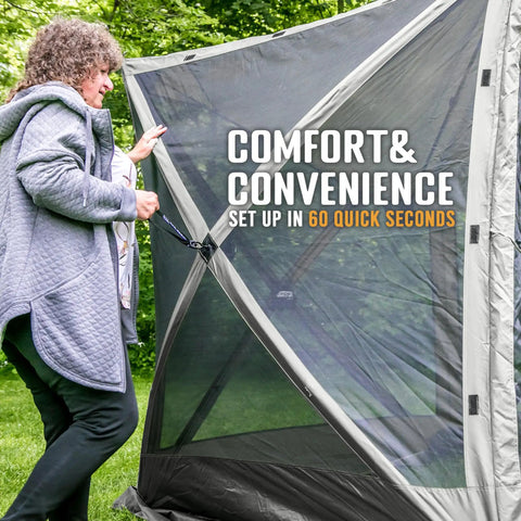 Person setting up Pop Up Screen Tent For Outdoors, Instant Setup In 60 Seconds, 6 By 6 Foot Gray Bug Free Canopy Shelter