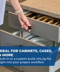 Person pulling open kitchen drawer, showcasing smooth operation and organized storage with utensils and dishes inside.