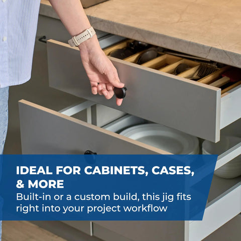 Person pulling open kitchen drawer, showcasing smooth operation and organized storage with utensils and dishes inside.