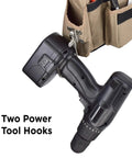 "Pro Tool Belt With Comfort Rig Tan and Black, Heavy Duty Polyester, showing two power tool hooks with black drill attached."
