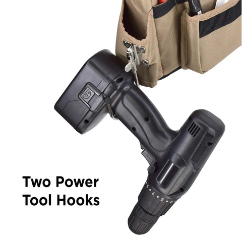 "Pro Tool Belt With Comfort Rig Tan and Black, Heavy Duty Polyester, showing two power tool hooks with black drill attached."