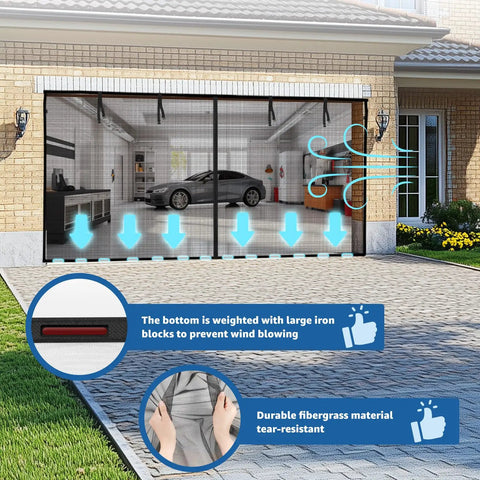 10x8 Ft Garage Door Screen With Magnetic Closure Heavy Duty Net Screen Bottom Weighted For Extra Security Installed on Garage