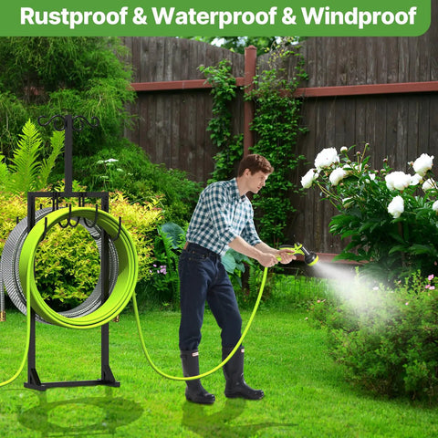 Heavy Duty Garden Hose Holder With Dual Side Hooks And Freestanding Shepherd Hook For Outdoors, holds 125 ft hose in garden