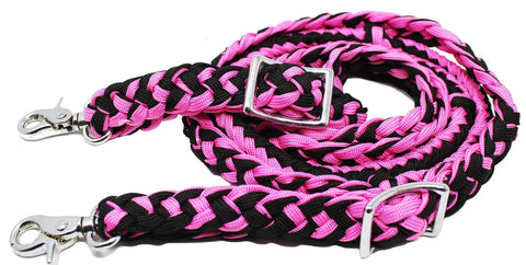 Roping Knotted Horse Tack Western Barrel Reins Nylon Braided Non Slip Grip Pink Black 60706 close view of braided design
