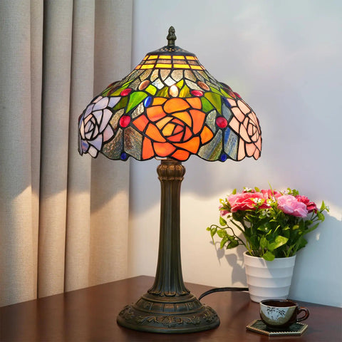 Tiffany Style Stained Glass Table Lamp 12 Inch Shade Multicolor Red Orange Purple Pink Rose Bedside Nightstand Reading Desk Light Vintage Retro Decor Led Bulb Included