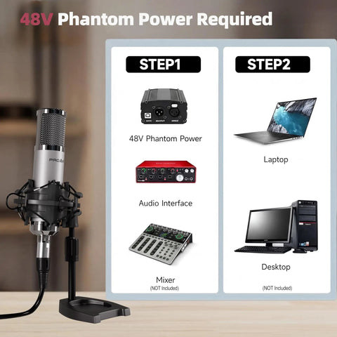 Cardioid XLR Condenser Studio Microphone for Podcasting and Streaming with Desktop Stand setup diagram with phantom power.