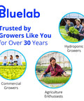 Bluelab branding graphic with hydroponic growers, commercial growers, and agriculture enthusiasts in greenhouse