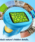 Awesome Kids Digital Microscope With 4K Clarity And 2.4 Inch Screen showing specimens like leaves, cells, and insects.