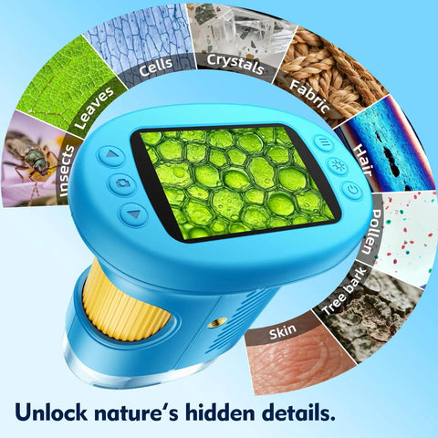 Awesome Kids Digital Microscope With 4K Clarity And 2.4 Inch Screen showing specimens like leaves, cells, and insects.