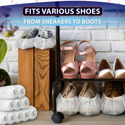 Bulk Disposable Shoe Covers, 50 Pairs Per Box, Indoor Use Only, Thin Nonwoven Fabric, shown on various shoes