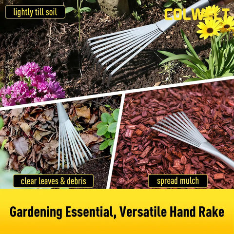 Hand Rake 16.5 Inches For Tight Spots And Flower Beds With 9 Flat Tines, loosening soil, clearing debris, spreading mulch in garden