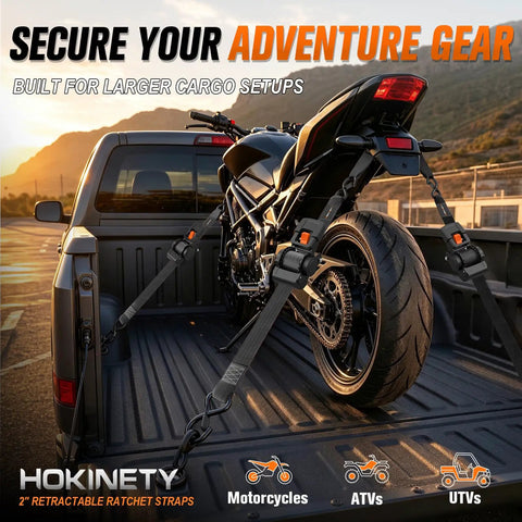 Retractable Ratchet Tie Down Straps Offer Extra Wide Two Inch Webbing With Quick Handle Rewind For Zero Slack Feel crafted to haul gear securing a motorcycle in a truck bed.