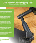 Pocket Cable Stripping Tool with High Carbon Steel Blade in use, showing ergonomic grip and adjustable blade on wooden surface.