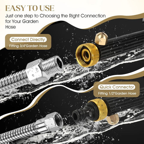 Close-up of Heavy Duty Garden Power Washer Kit with quick connect fittings for 3/4" and 1/2" hoses, water-resistant design.