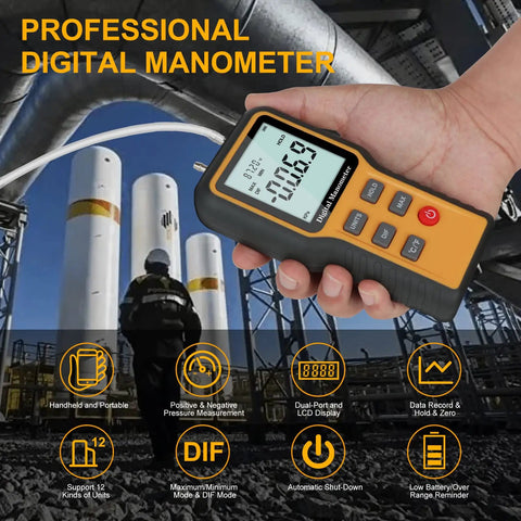 Digital Manometer For HVAC Dual Port Air Pressure Meter Handheld Gauge For Single Or Differential Pressure, Measures Air Pressure And Temperature, Pro Grade Troubleshooting Tool For Ductwork, Ventilation, And Lab Testing, handheld in HVAC ductwork