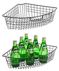 Leeden Lazy Susan organizer basket, 24-inch black metal wire, 2-pack; top empty, bottom filled with green glass bottles.