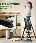 Three Step Foldable Aluminum Ladder With Black Woodgrain Finish, Rubber anti-slip foot pads, woman reaching cabinets in kitchen