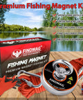 Front view of FINDMAG Premium Fishing Magnet Kit box with red rope, orange gloves, carabiner and magnet disc on wooden surface.