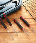 4 Piece Auto Mechanic Pick And Hook Set Pro Grade Grab And Go Tools For Quick Car Oil Seal Removal Includes 135 Degree Curved Hook 90 Degree Hook 45 Degree Hook Sharp Drill 6.5 Inch Red Handles Built To Last In Tight Spots. 4-piece steel pick set with red handles on wood surface