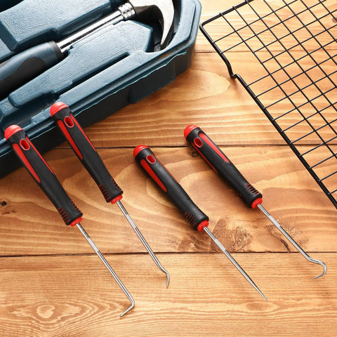 4 Piece Auto Mechanic Pick And Hook Set Pro Grade Grab And Go Tools For Quick Car Oil Seal Removal Includes 135 Degree Curved Hook 90 Degree Hook 45 Degree Hook Sharp Drill 6.5 Inch Red Handles Built To Last In Tight Spots. 4-piece steel pick set with red handles on wood surface