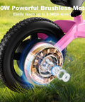 Kid-Friendly Electric Balance Bike For Ages 3 To 5 With 12 Inch Pneumatic Tires, 180W Motor, Top Speed 9.3 MPH, Safe Kick-To-Start, 3 Speed Modes, LCD Display, Quick Charge, LED Lights, Pink rear wheel and motor close-up