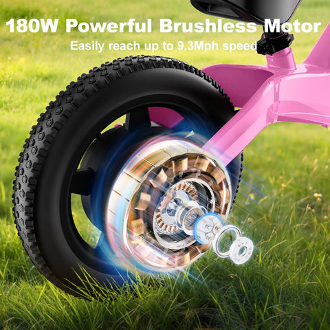 Kid-Friendly Electric Balance Bike For Ages 3 To 5 With 12 Inch Pneumatic Tires, 180W Motor, Top Speed 9.3 MPH, Safe Kick-To-Start, 3 Speed Modes, LCD Display, Quick Charge, LED Lights, Pink rear wheel and motor close-up