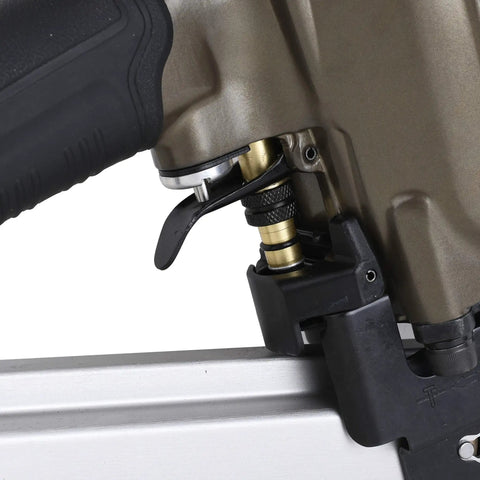 Close-up of 21 Degree Full Round Head Framing Nailer With Tool Free Depth Adjustment trigger and rubber grip
