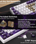 High End Wireless Mechanical Gaming Keyboard With Built In Smart Touchscreen Hub And Compact 96 Percent Design showing pre-lubed switches and key layout.
