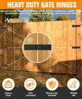 Heavy Duty Gate Hinges 270 Degrees Fully Adjustable Six Pack Black Steel mounted on wooden barn doors with clear functionality.