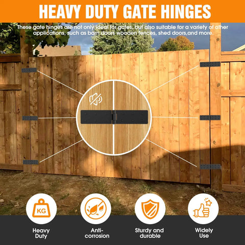 Heavy Duty Gate Hinges 270 Degrees Fully Adjustable Six Pack Black Steel mounted on wooden barn doors with clear functionality.