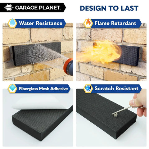 WP01 Garage Wall Protector For Cars And SUVs No Tools Needed Door Guard Shield Heavy Duty EVA Foam With Fiberglass Backing shown with water, flame, and scratch tests.
