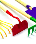 Kids Garden Tool Set 4 Piece Rake Spade Hoe And Leaf Rake With Real Wood Handles And Steel Heads, 27.5 Inch Long, Multicolor