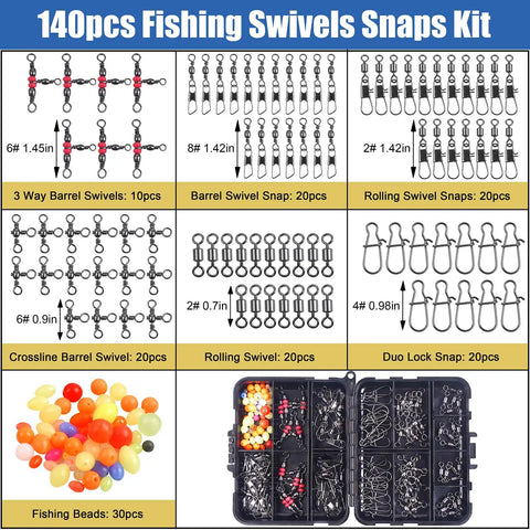 Must Have Pocket Fishing Kit With 140 Pcs Swivels And Snaps, 6 High Strength Types Plus Beads, Heavy Duty Metal Construction Stored In Clear Plastic Box For Quick Access On Freshwater And Saltwater Angling: assorted swivels, snaps, and beads in storage box