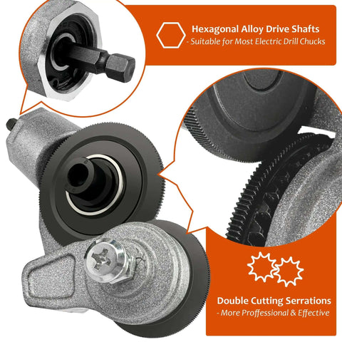 Sheet Metal Cutter Drill Attachment With Serrated Wheel For Nibbler Style Cutting and Drill Adapter Kit, showing hexagonal drive shafts.