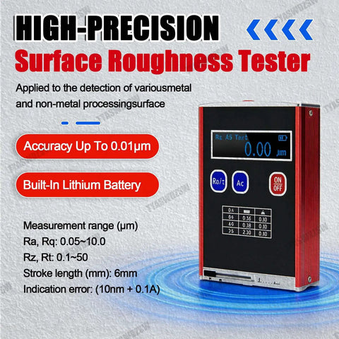Pro Grade Digital Surface Roughness Tester With 0.01μm Accuracy, Portable Handheld Gauge For Ra Rq Rz Rt, Four Parameter Surface Finish Meter, Includes Calibration Block And Bracket, front view