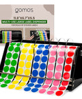Rock Solid Acrylic Label Dispenser With Grippy Non Slip Base displaying vibrant sticker rolls on a sleek black frame.
