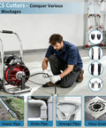 Heavy Duty Electric Sewer Auger And Drain Cleaner Machine Featuring 100 Ft Half Inch Steel Cable and 550W High Torque Motor in use, clearing a floor drain.