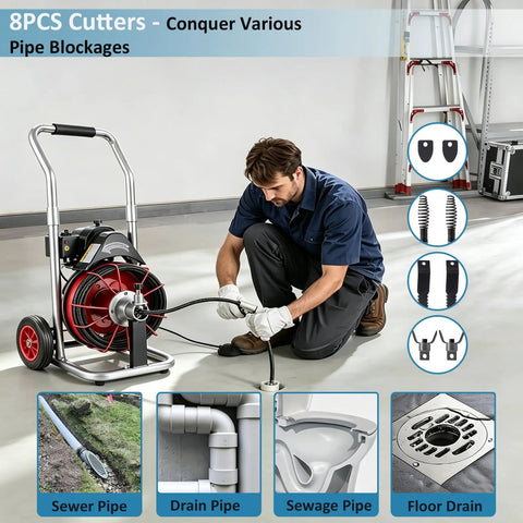 Heavy Duty Electric Sewer Auger And Drain Cleaner Machine Featuring 100 Ft Half Inch Steel Cable and 550W High Torque Motor in use, clearing a floor drain.