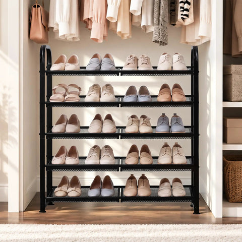 Sick Heavy Duty 5 Tier Metal Shoe Rack With Dense Mesh Shelves Holds All Your Kicks, organized footwear display in closet.