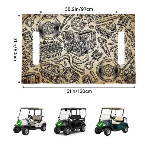 Two Seater Golf Cart Seat Covers Microfiber Towel Blanket With Vintage Car Engine Print, 51x31 Inches, detailed pattern