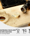 Badass 19 Piece Hole Saw Kit packs heavy duty carbon steel blades shown cutting 25mm holes in wood with electric drill.